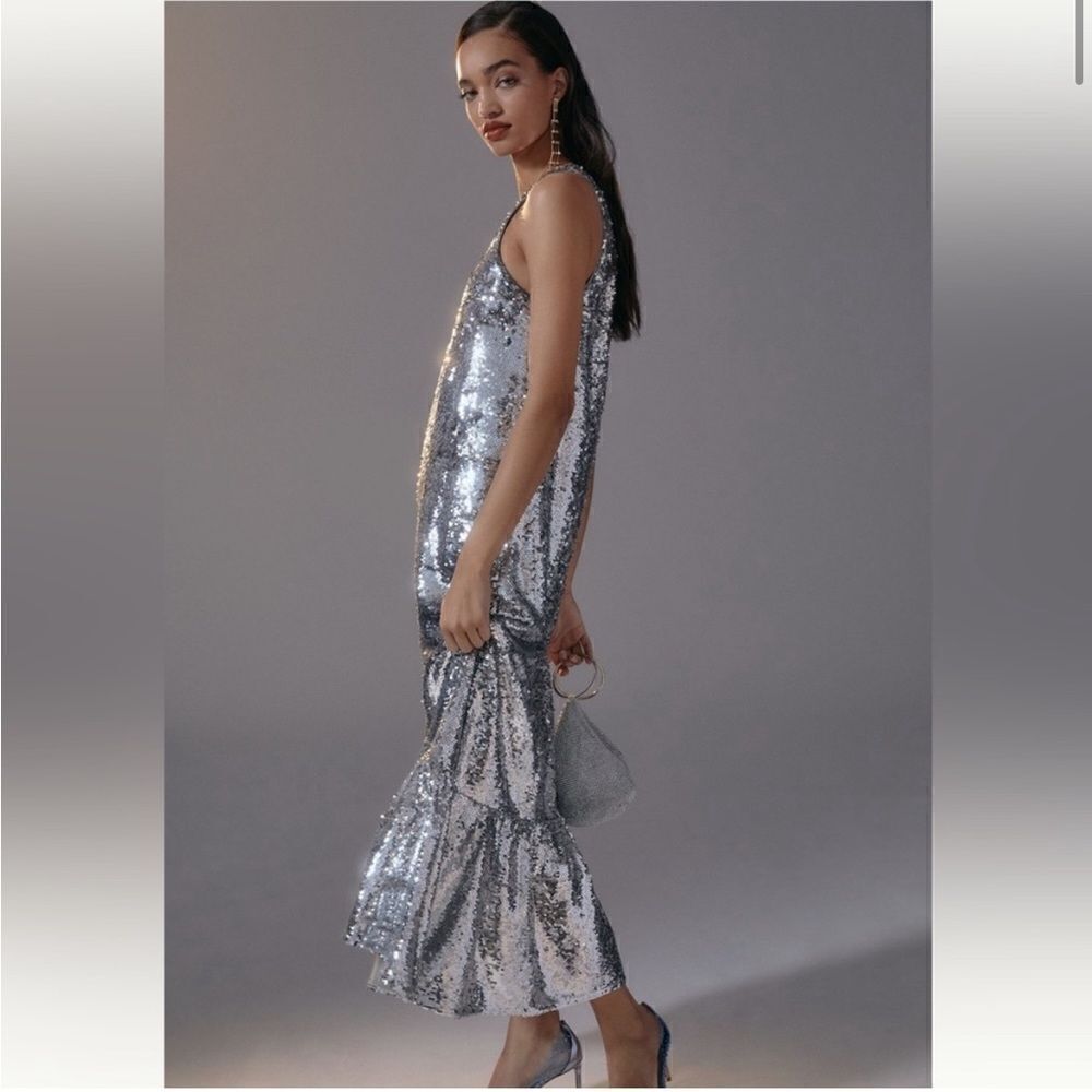 NEW Anthropologie Maeve Sequin One Shoulder Ruffle Midi Dress Silver - Picture 2 of 13
